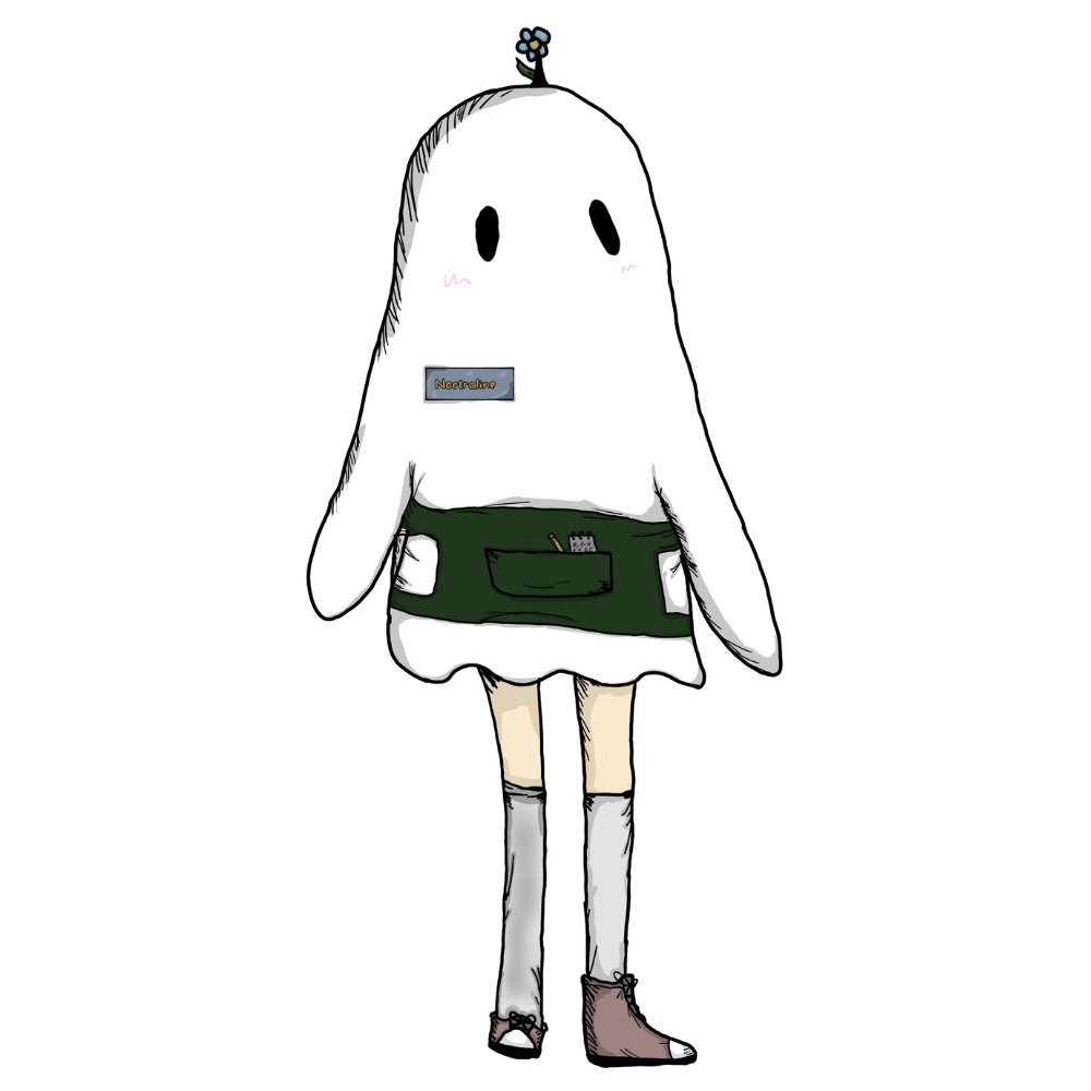Noctraline's ghost mascot wearing a green shop apron